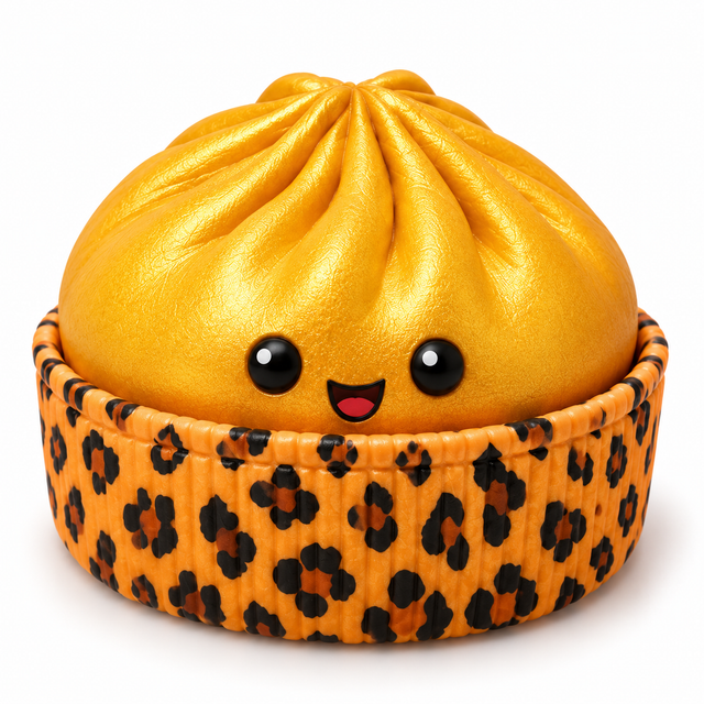 Close-up of a gold dumpling squishy toy in its leopard print basket