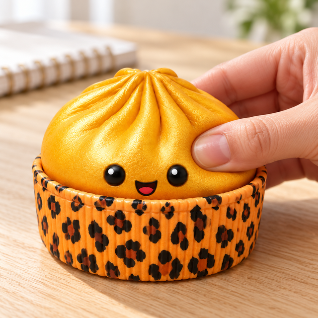 Hand gently squeezing a gold dumpling sensory toy in a leopard print basket