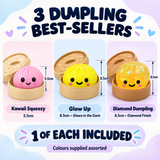 Dumpling squishy bundle contents showing 5.5cm and 8.5cm toy sizes