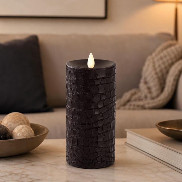 Luminara Indoor 3.0" x 7.9" Black Crocodile Embossed Candle