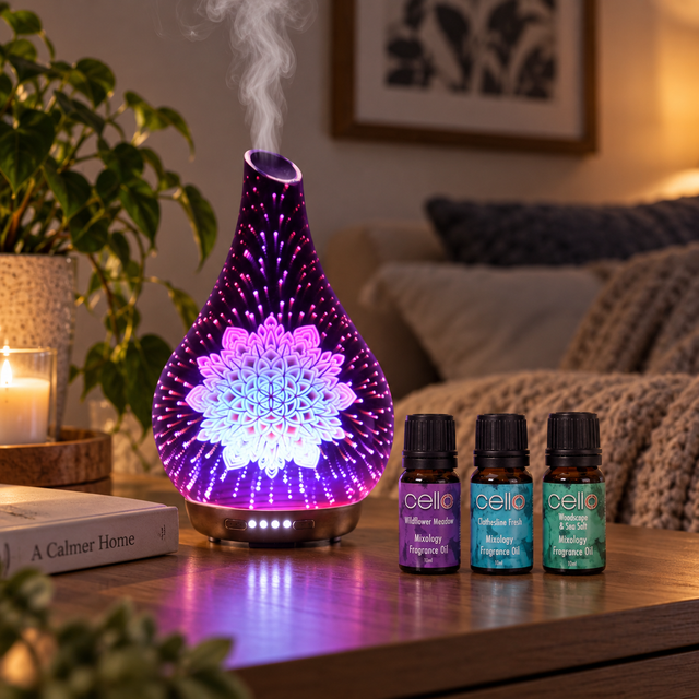 Cello Large Ultrasonic Diffuser with Set of 3 x 10ml Aroma Oils - Lotus