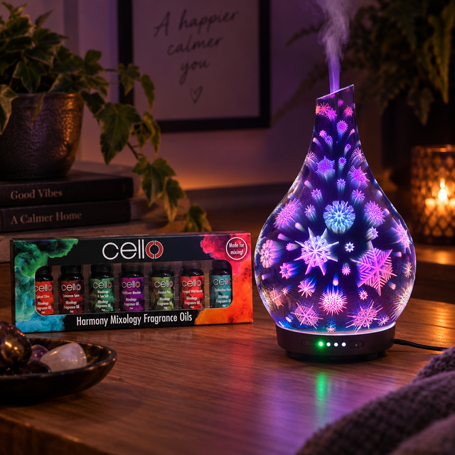 Cello Snowflake 3D Large Ultrasonic Diffuser with Harmony Mix. 7 Oils Set
