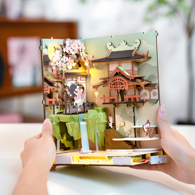 Falling Sakura miniature Japanese book nook with LED lights