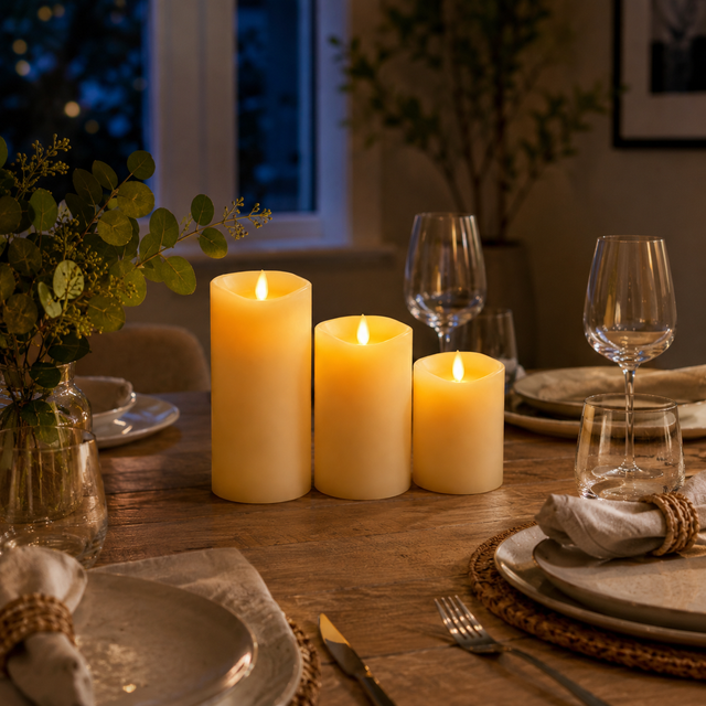 Ivory flameless LED pillar candles creating warm light on a dining table