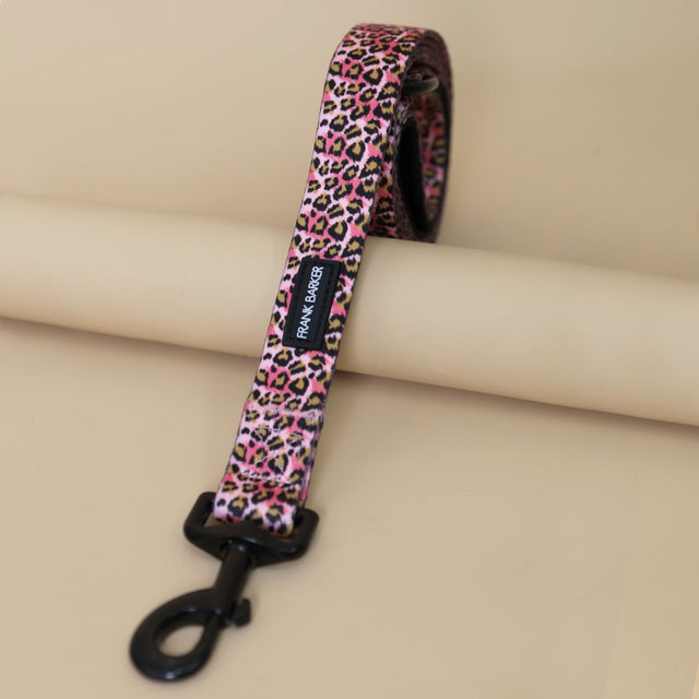 Neoprene-lined handle on Frank Barker leopard print dog lead