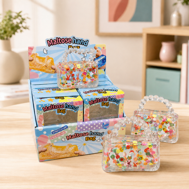 Fruity Maltose Handbag Sensory Squishy Toy filled with colourful fruit slices and glitter