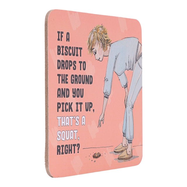 Drinks coasters with illustration of a person picking up a biscuit and humorous text on a pink background