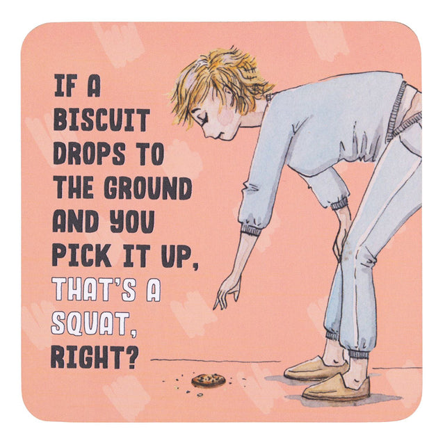 Drinks coasters with Illustration of a person picking up a cookie with text on a pink background