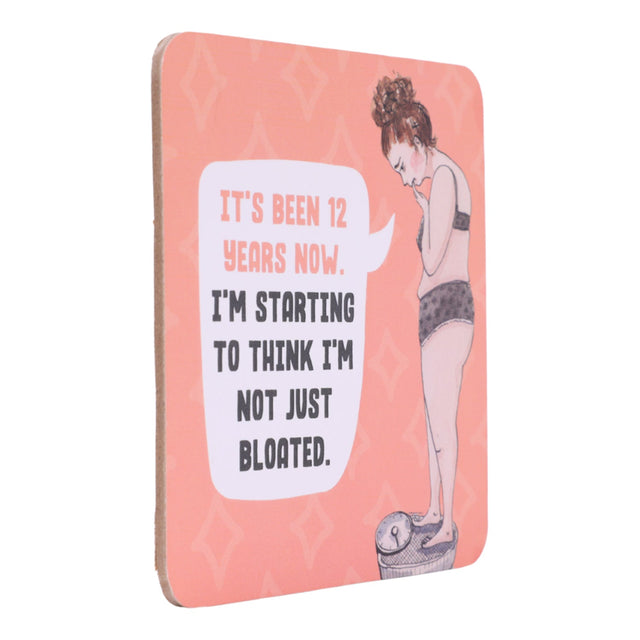 Drinks coasters with a humorous illustration and text on a pink background