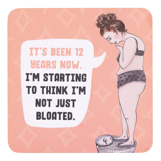Drinks coasters with Illustration of a woman on a scale with a humorous text bubble on a pink background