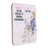 drinks coasters with a cartoon illustration of a person using a laptop and text about website cookies.