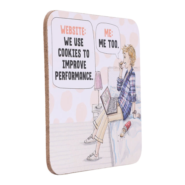 drinks coasters with a cartoon illustration of a person using a laptop and text about website cookies.