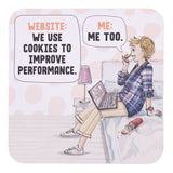 Drinks coasters with illustration of a person using a laptop and text about website cookies.
