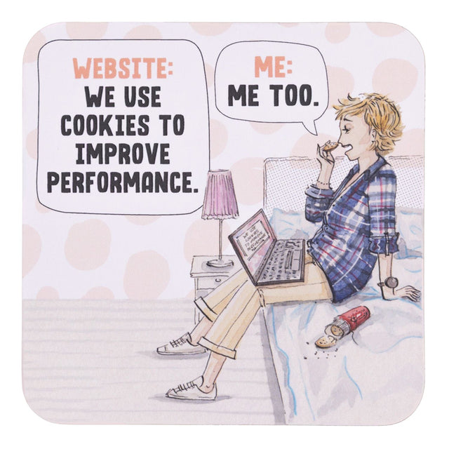Drinks coasters with illustration of a person using a laptop and text about website cookies.