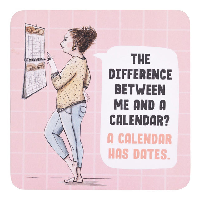 drinks coasters with Illustration of a woman checking a calendar with text on a pink background