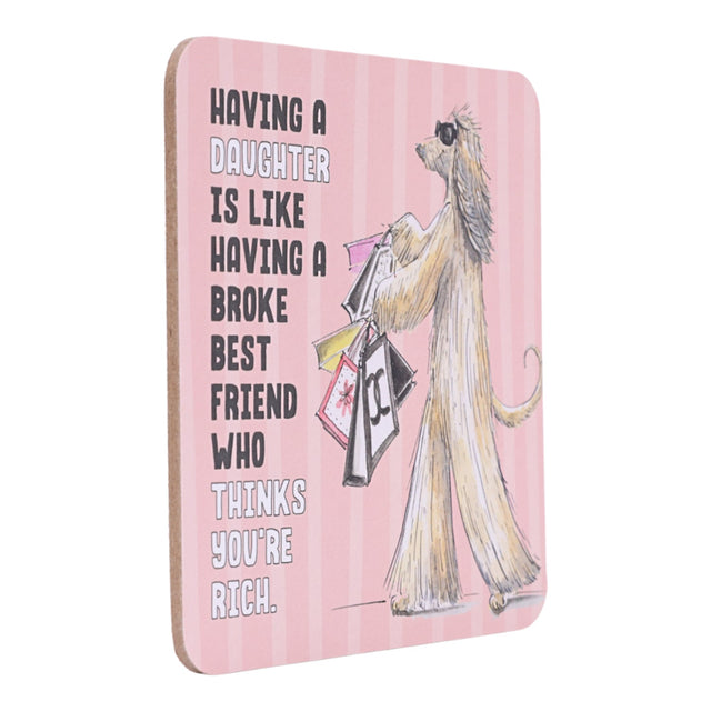 Pink drinks coasters with a dog illustration and humorous text on a white background