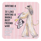 drinks coasters with dog with shopping bags and text on a pink background