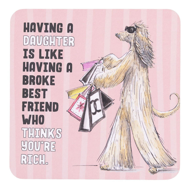 drinks coasters with dog with shopping bags and text on a pink background