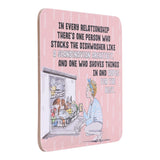drinks coasters with illustration of a woman stacking the dishwasher and humorous text on a pink background