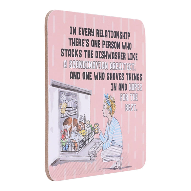 drinks coasters with illustration of a woman stacking the dishwasher and humorous text on a pink background
