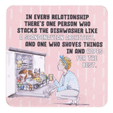 drinks coasters with Cartoon of a woman at a dishwasher with text about relationship dynamics on a pink background