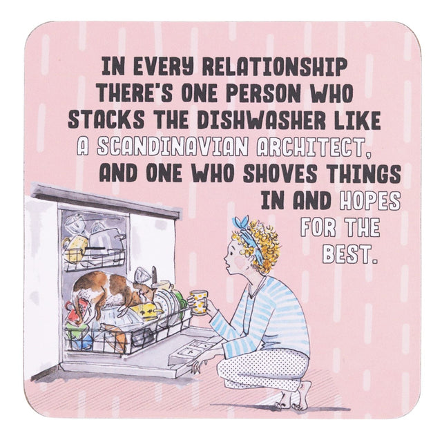 drinks coasters with Cartoon of a woman at a dishwasher with text about relationship dynamics on a pink background