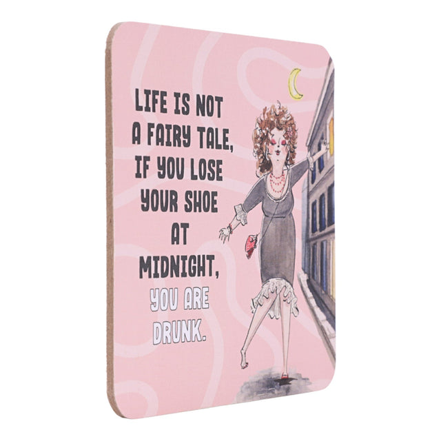 Drinks coasters with a fairy tale illustration and humorous quote on a pink background
