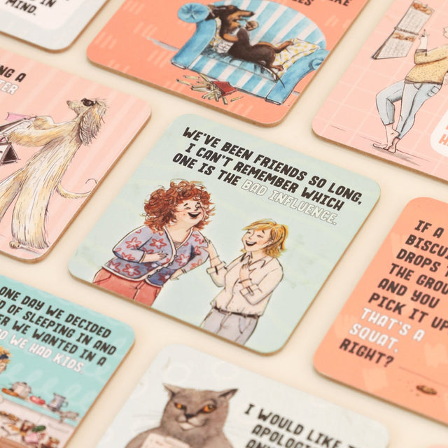 Collection of humorous illustrated drinks coasters with various characters and text on a light background