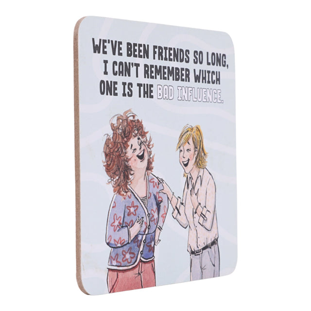 drinks coasters with illustration of two people and humorous text on a white background