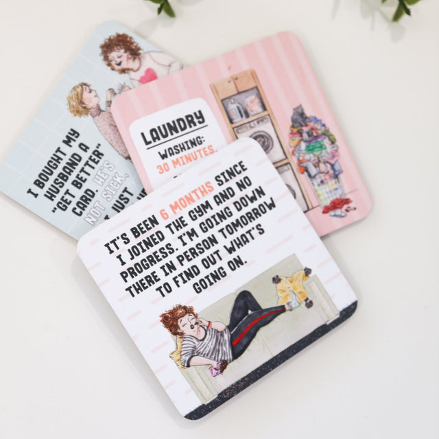 Three drinks coasters with humorous text and illustrations on a white background