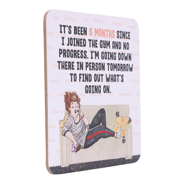 drinks coasters with humorous gym-themed illustration and text on a white background