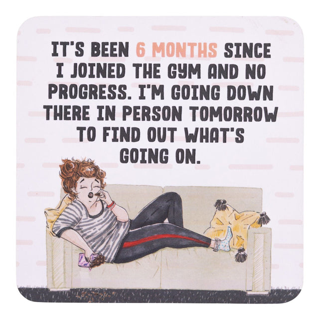 drinks coasters with cartoon illustration of a person sitting on a couch and text about gym progress.