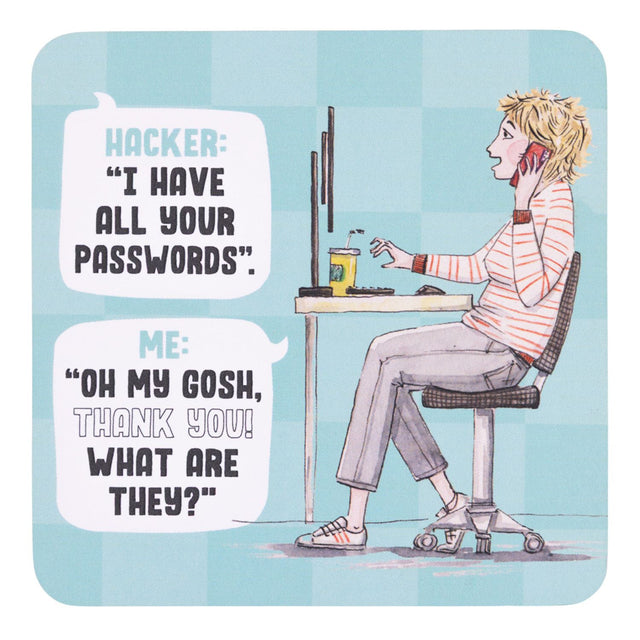 drinks coasters with Cartoon of a person sitting at a desk with a computer, receiving passwords from a hacker.