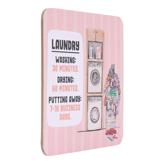 Pink Drinks coasters with laundry schedule and cartoon illustration on a white background