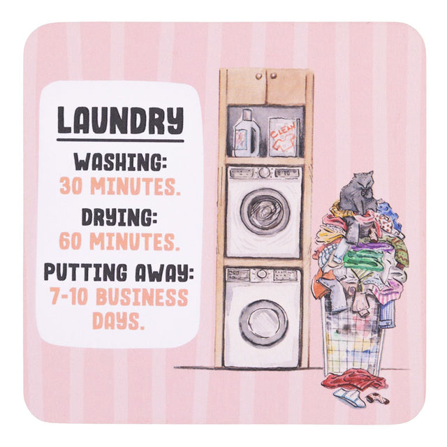 Drinks coasters with a washing machine, dryer, and clothes with text on a pink background