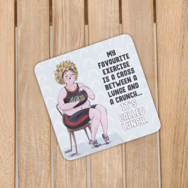 Drinks coasters with a cartoon illustration of a person on a chair and humorous text on a wooden surface