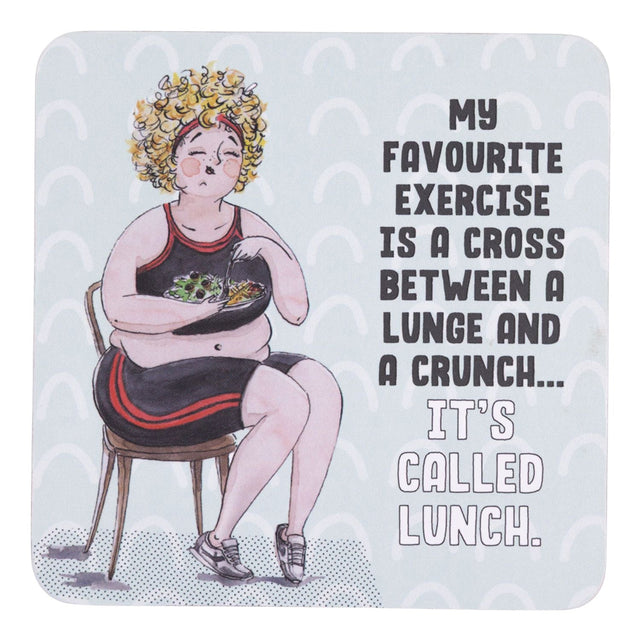 Drinks coasters with illustration of a person sitting on a chair with a plate of food, surrounded by text.