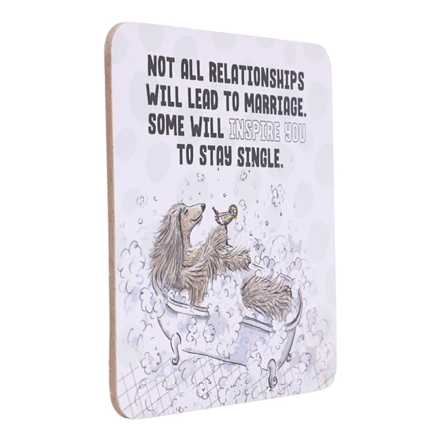Drinks coasters with cartoon dogs and humorous quote on a white background