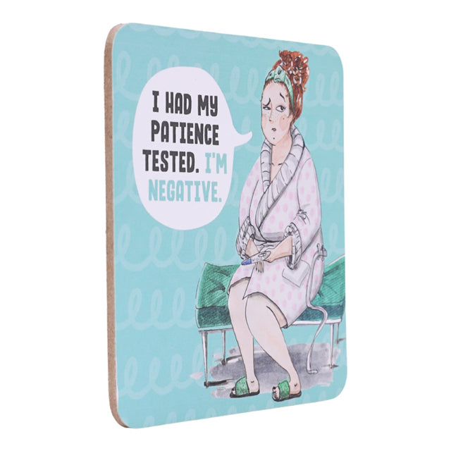 drinks coasters with illustration of a woman in a bathtub and humorous text on a light blue background