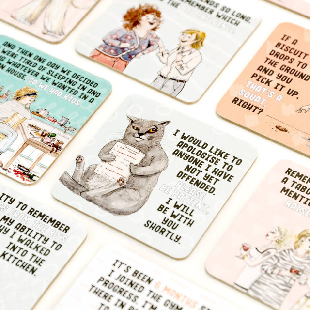 Collection of illustrated drinks coasters with humorous and philosophical text on a white background