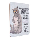drinks coasters with a cat illustration and humorous text on a white background