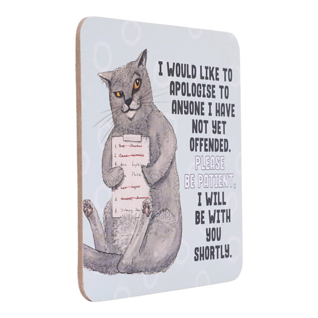 drinks coasters with a cat illustration and humorous text on a white background