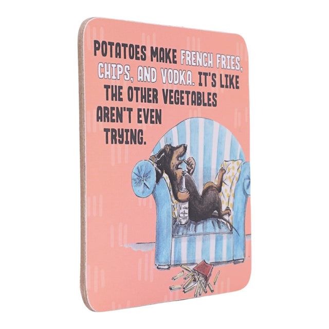 Drinks coasters with a dog in armchair and humorous text on a pink background