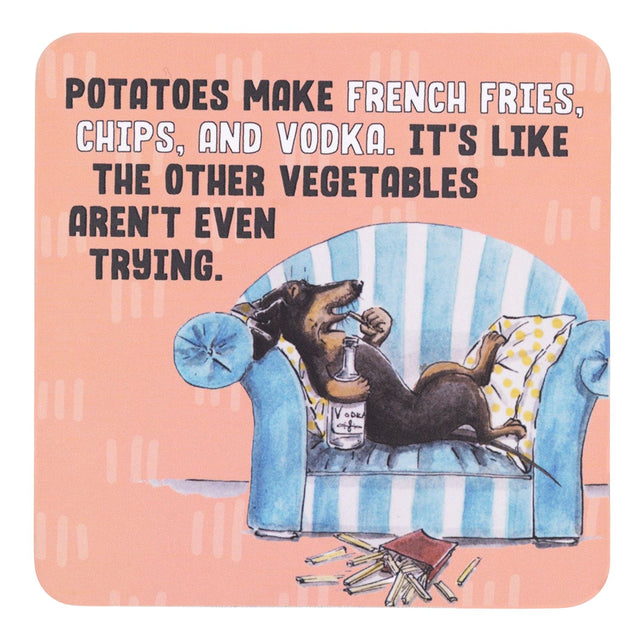 Drinks coasters with dog lounging on a couch with a bottle, surrounded by potato-related items, on a peach background.