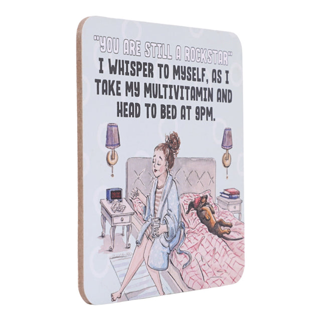 Drinks coasters with illustration of a woman in bed and humorous quote on a white background