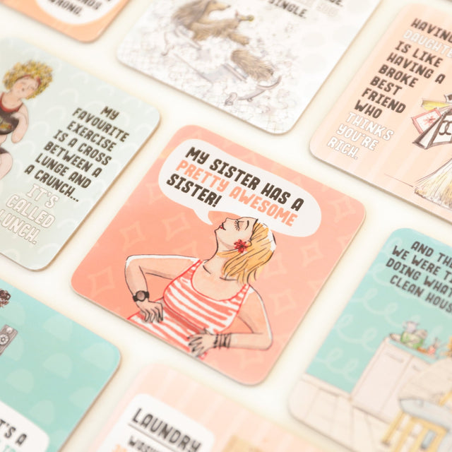 Collection of drinks coasters with humorous text and graphics on a light background