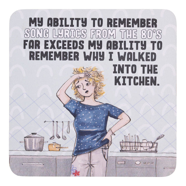 Drinks coasters with illustration of a woman in a kitchen and humorous text about remembering song lyrics from the 80s.