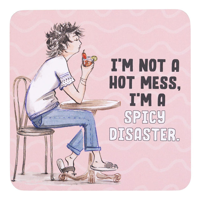 drinks coasters of a person sitting at a table with a quote on a pink background