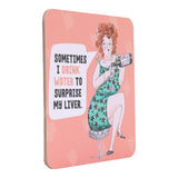 Drinks coasters with illustration of a woman holding a bottle and text on a pink background