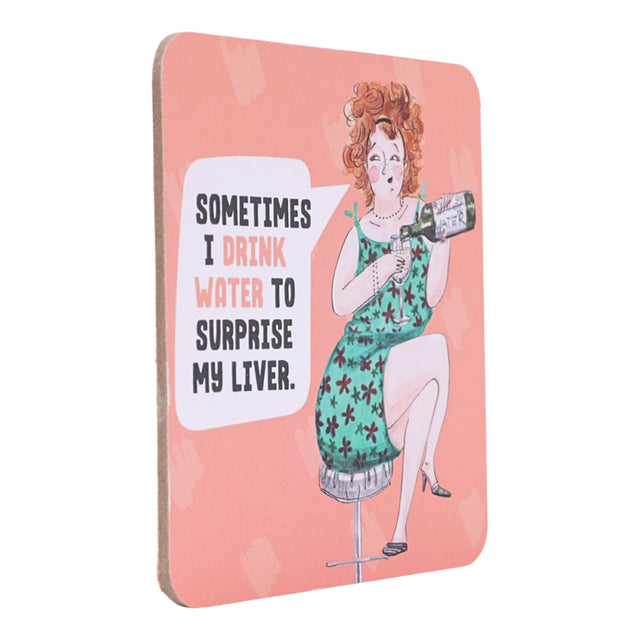 Drinks coasters with illustration of a woman holding a bottle and text on a pink background